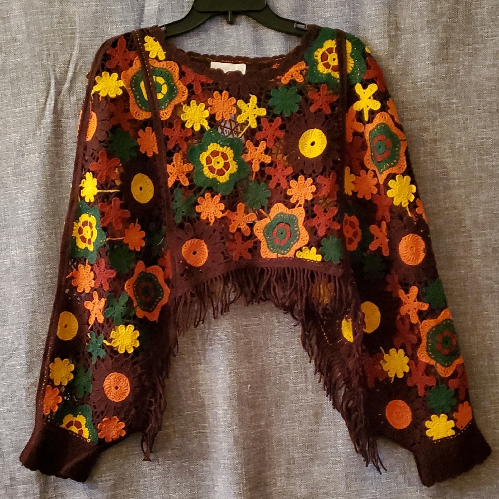 House Of Harlow 1960 Crocheted Fringe Poncho With Cuffs